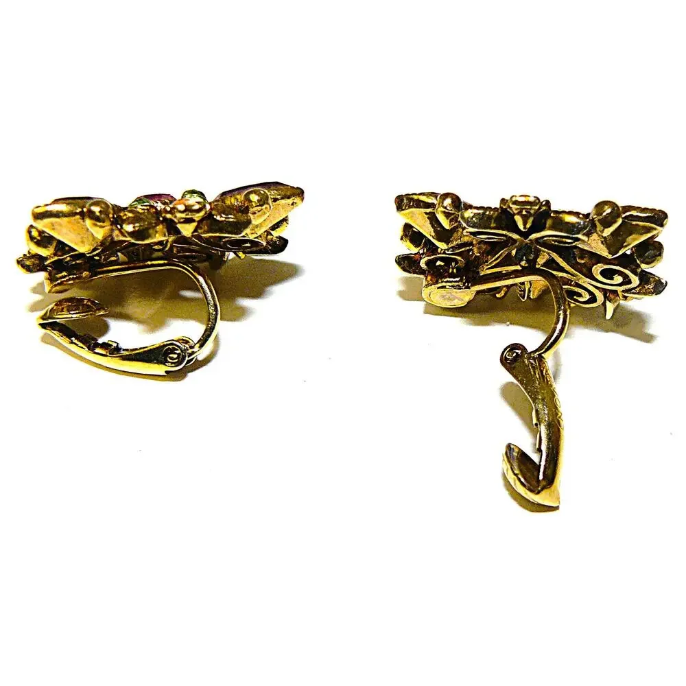 Vintage Avon Gold-Tone ClipOn Earrings Purple Green Rhinestones Floral Design